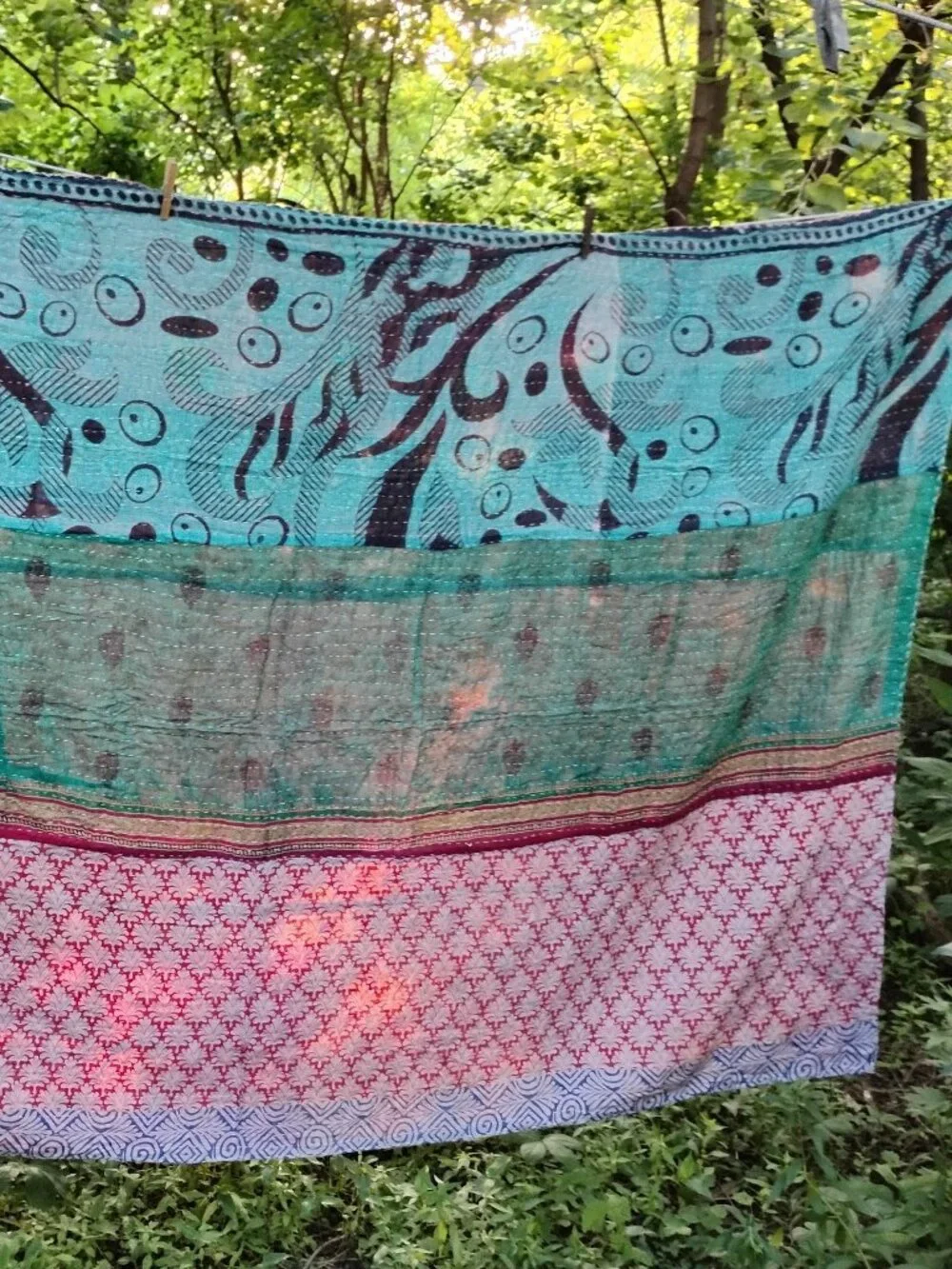 Kantha Quilt Green Black Red Premium 3 Layer Cotton New K189.